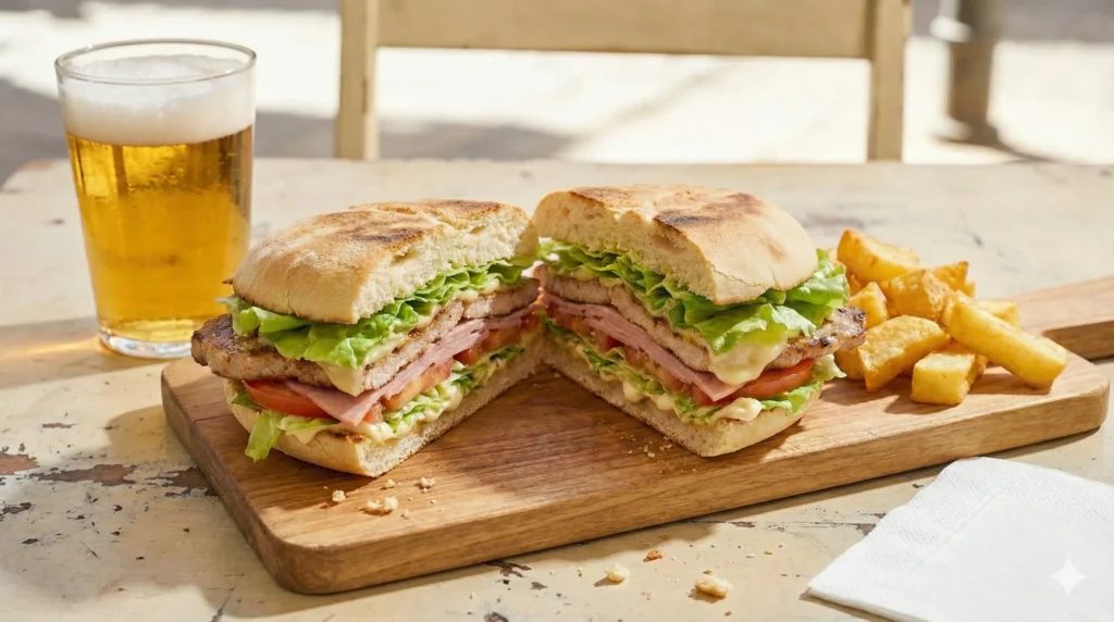 Bocadillo campero de Málaga partido por la mitad con patatas fritas y un vaso con cerveza.