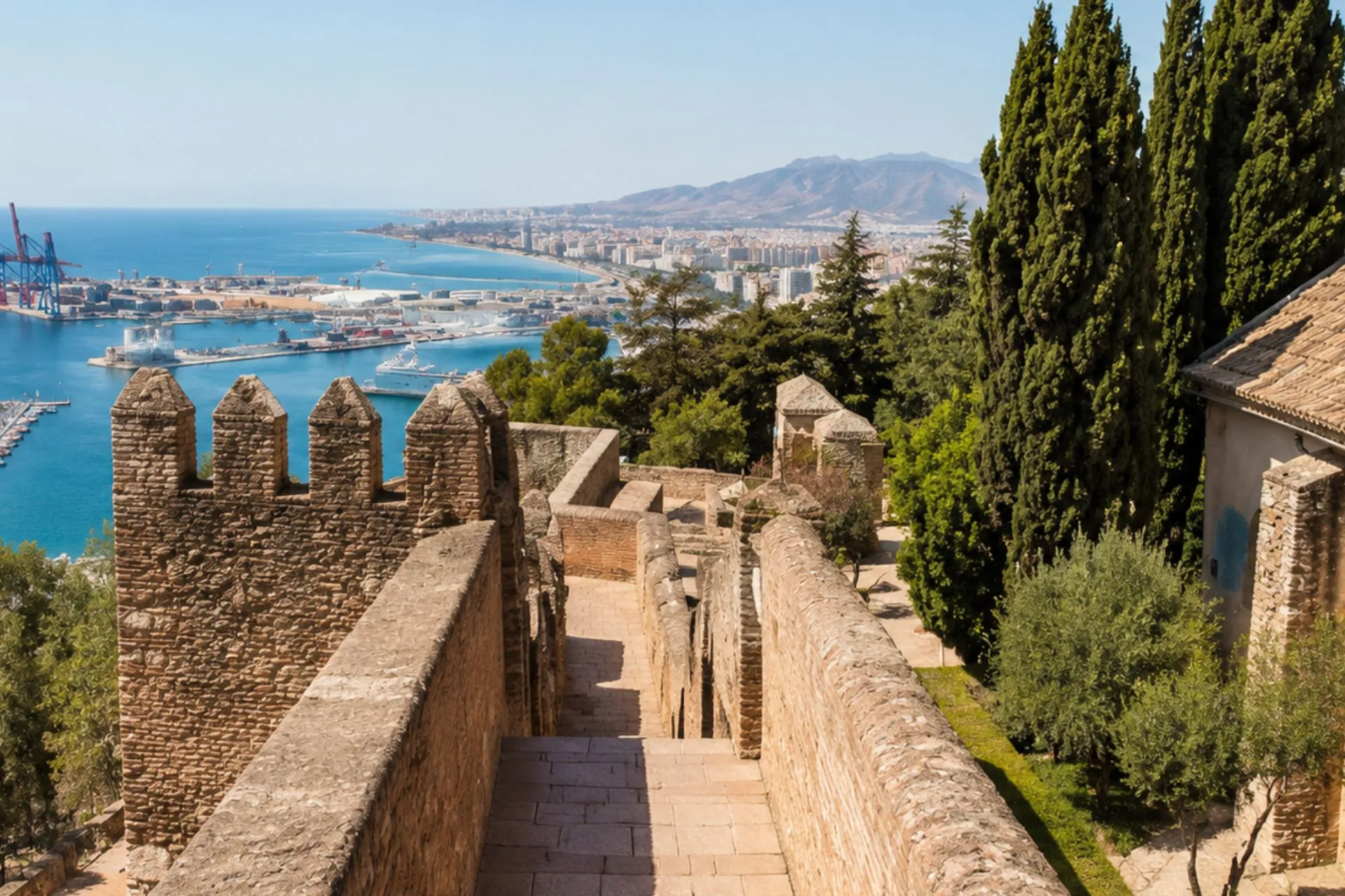 Detalle desde la muralla del Castillo de Gibralfaro (Málaga) en un día despejado.